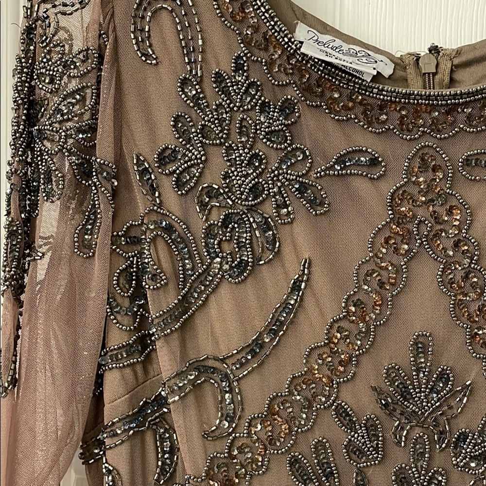 Brown Sequin Embellished Gown with 3/4 Sleeves - Picture 9 of 11